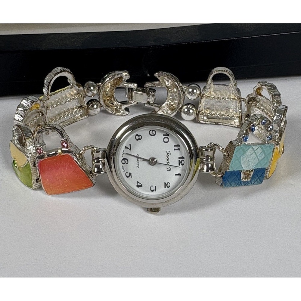 Vintage Jennie B Purse Charm Bracelet Watch Enamel Handbag Slide Y2K Untested
